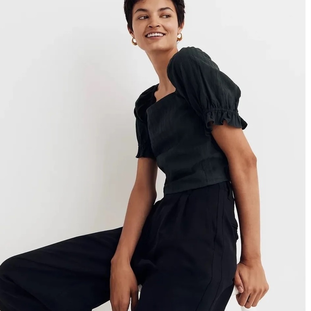Green square neck puff sleeve crop top from Madewell